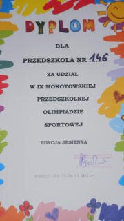 Dyplom dla przedszkola nr 146 za udział w olimpiadzie
